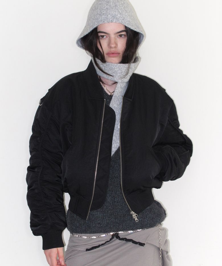 CROPPED SHIRRING BOMBER JACKET - BLACK