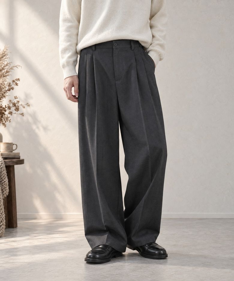 High-Twist Twill Center-Press Two-Tuck Wide Trousers
