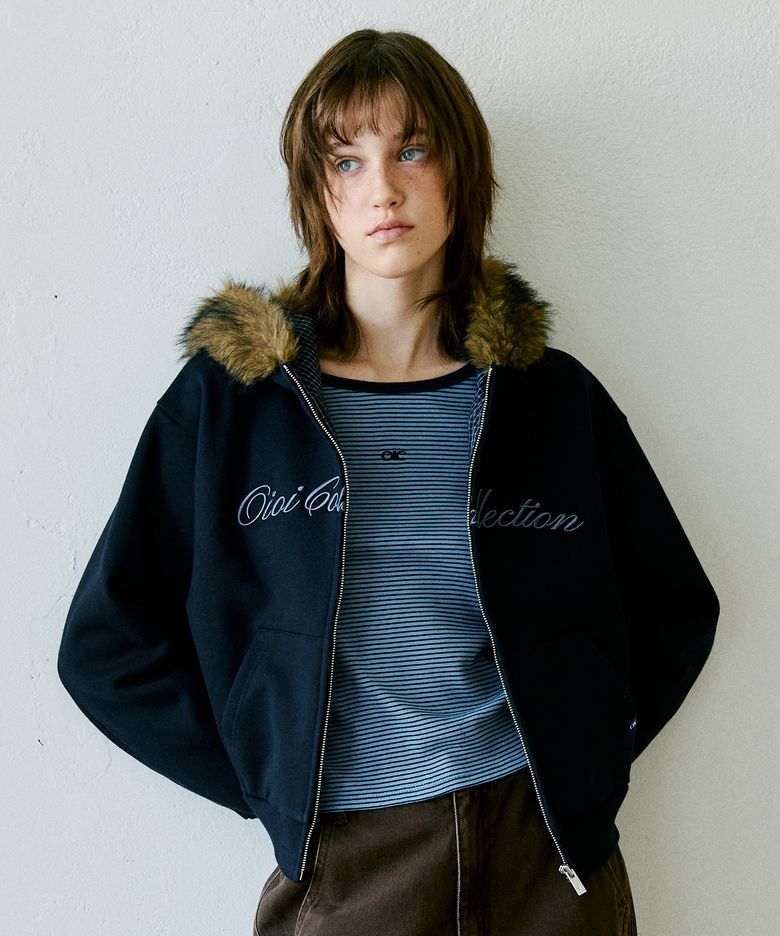 크롭 퍼 후드 스웻집업[DARK NAVY]