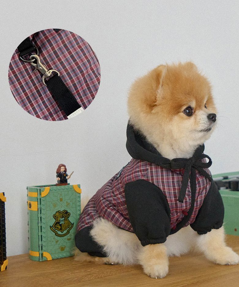 체크 후디 올인원 강아지 패딩 하네스 (레드)