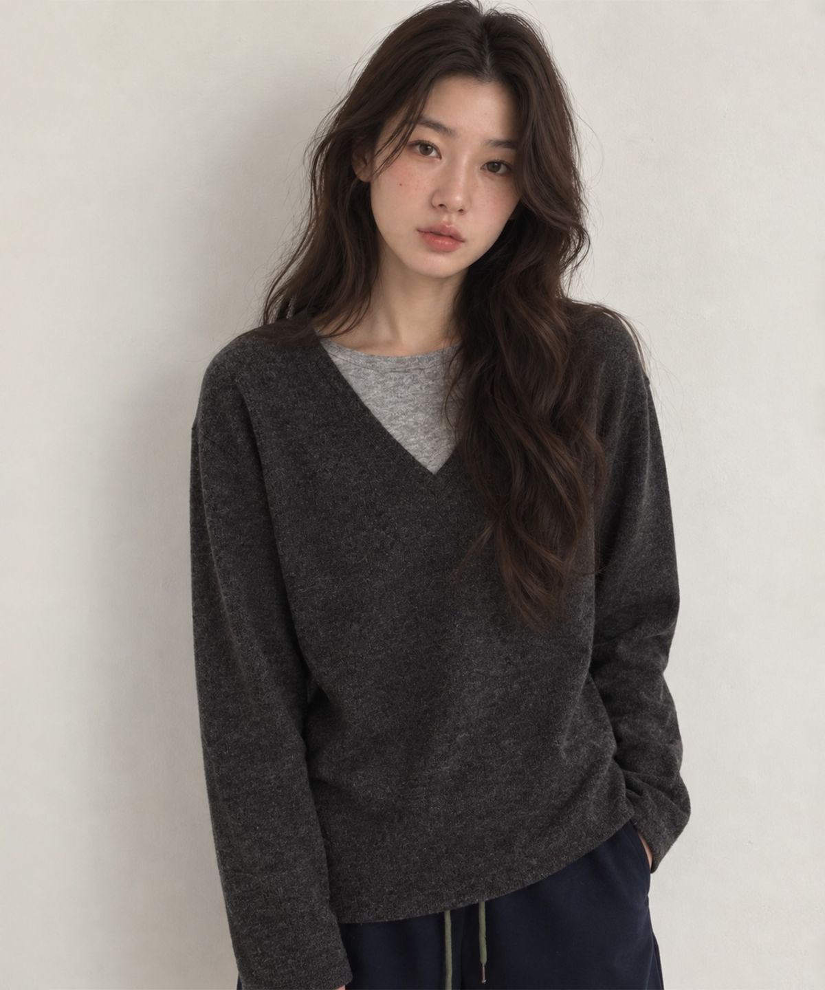 넌즈시(NUNZSI) 브러쉬 울 레이어드 풀오버 멜란지 차콜