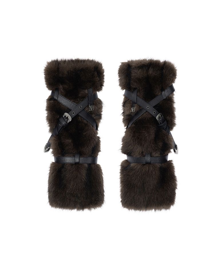 Leather-Buckled Faux-Fur Leg Warmers [ Dark Brown ]