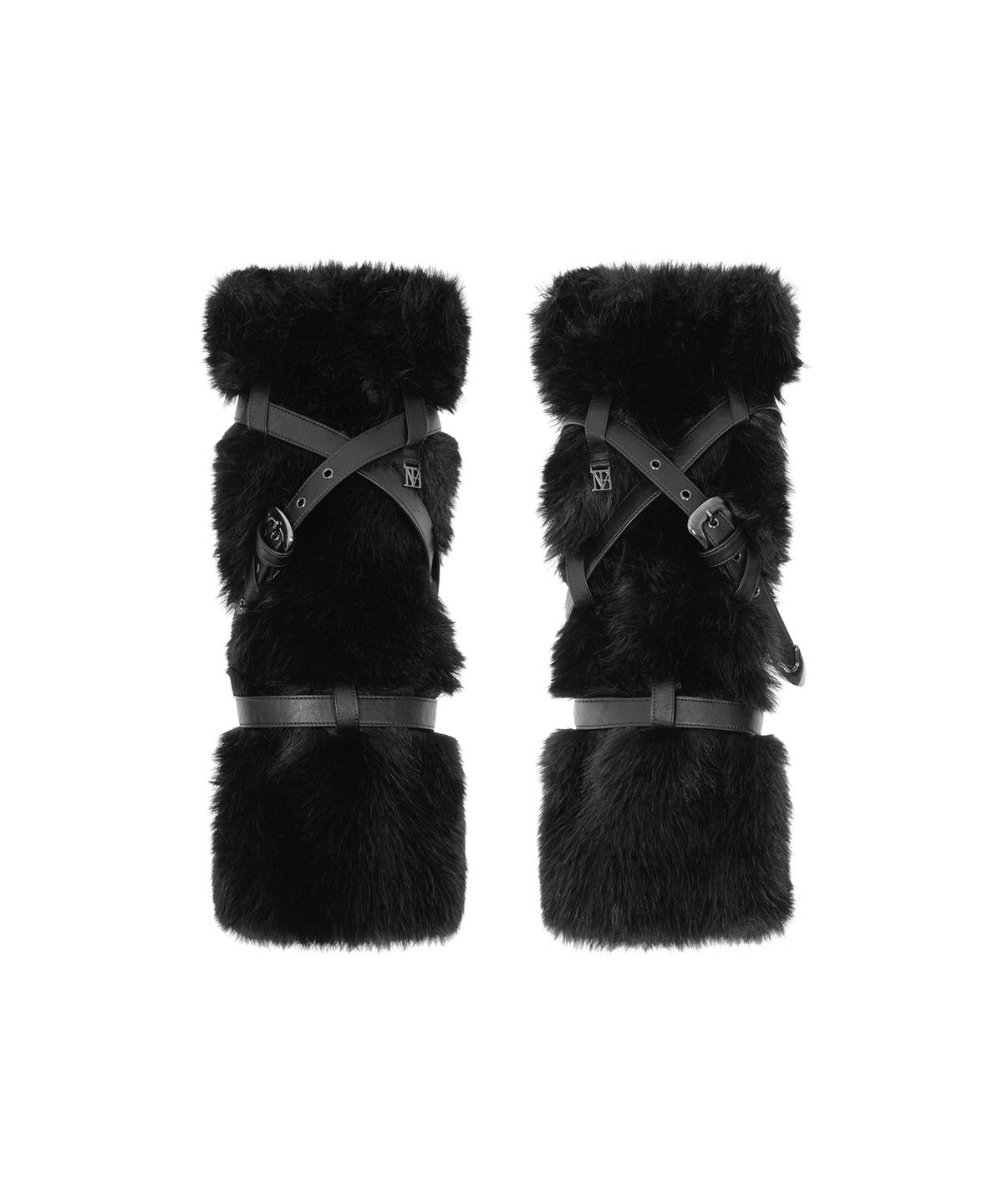 트리밍버드(TREEMINGBIRD) Leather-Buckled Faux-Fur Leg Warmers [ Black ]