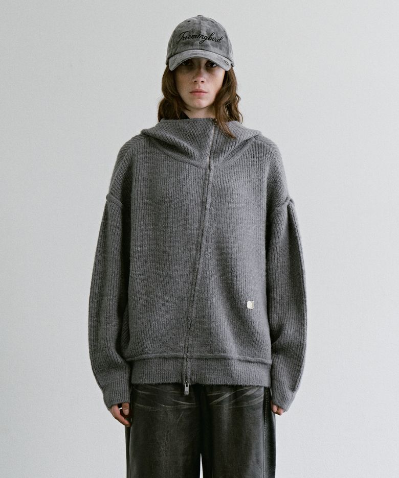 Diagonal Zip-up Knit Hoodie [ Gray ]