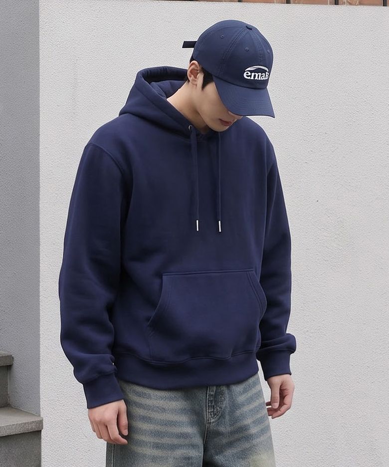 [남녀공용] 플레인 기모 오버핏 후드티_Navy