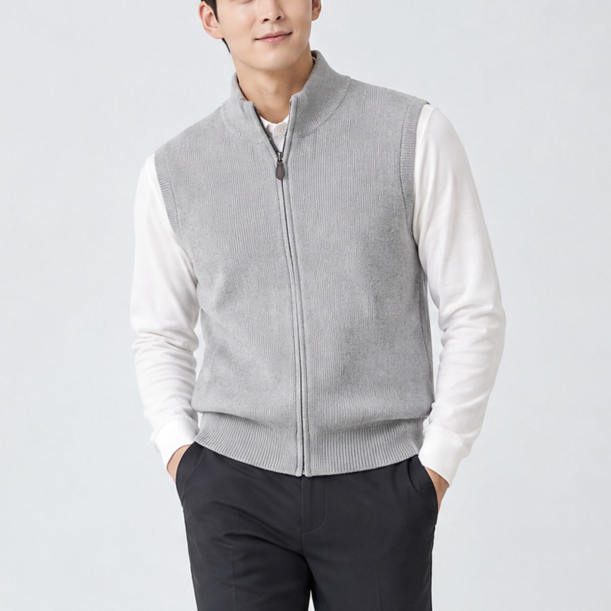 김영주 골프(KIM YOUNG JOO GOLF) 봄가을 하이넥 남성 골프 니트 집업 베스트 DQFMVE68