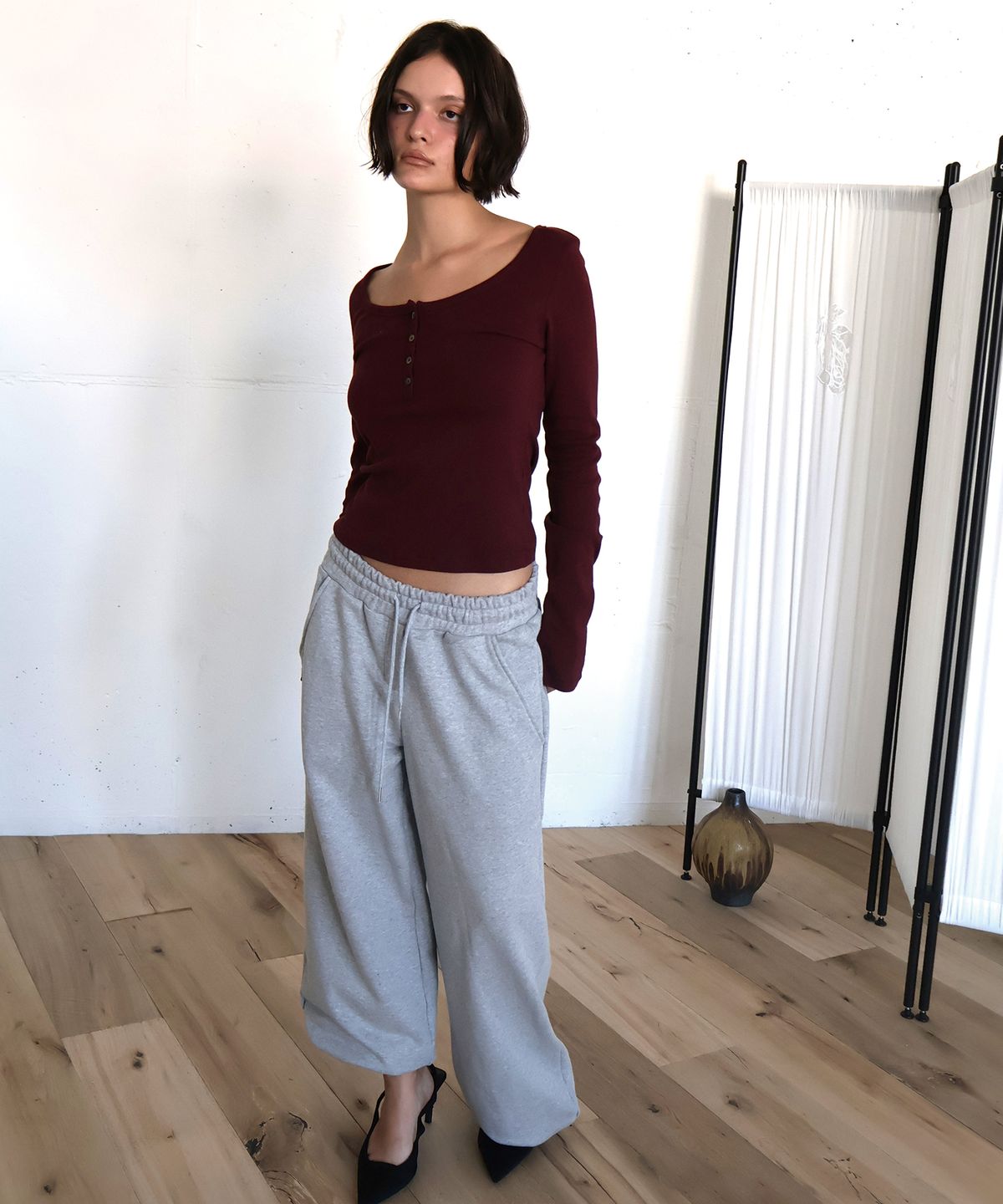 아수라(ASURA) COTTON HENLEY LONG SLEEVE T (WINE)