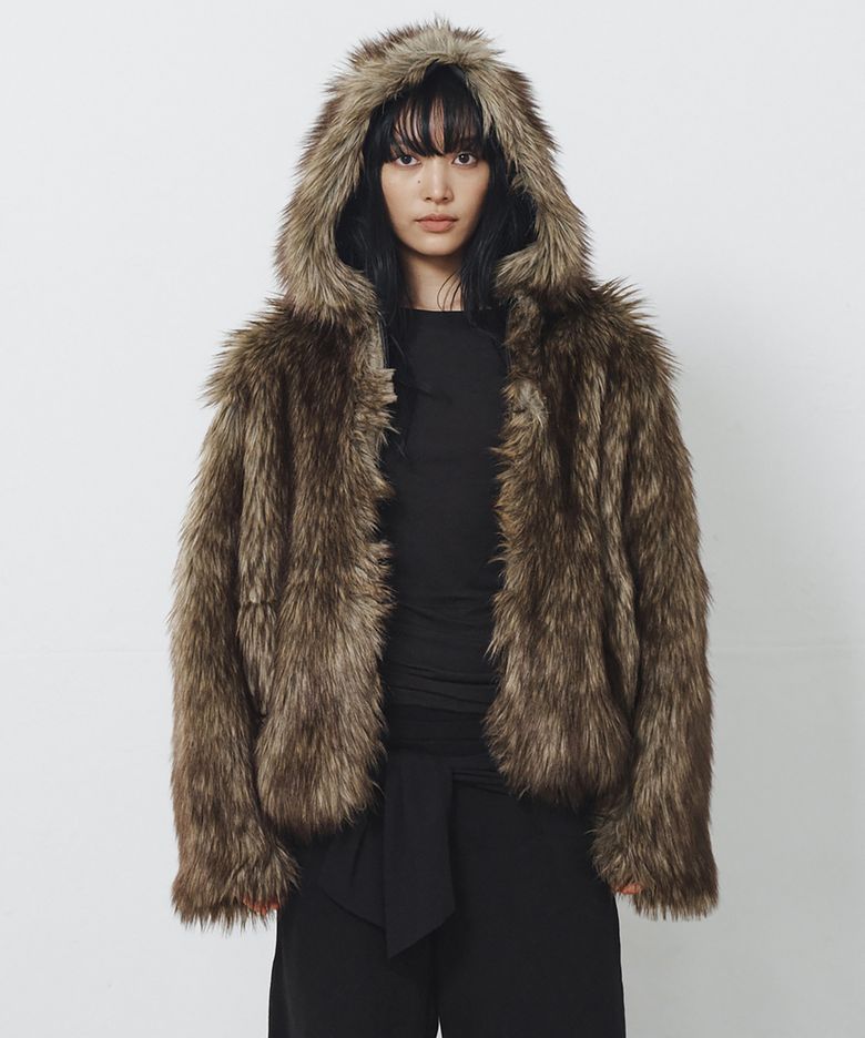 REVERSIBLE HOODIE FAUX FUR JACKET LEATHER BROWN