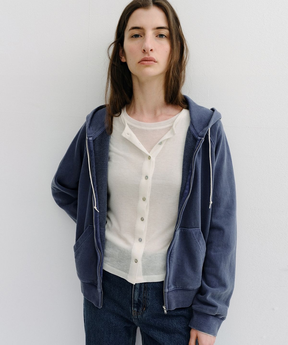 블랭크03(BLANK03) garment pigment-dyed hooded zip-up (vintage blue)