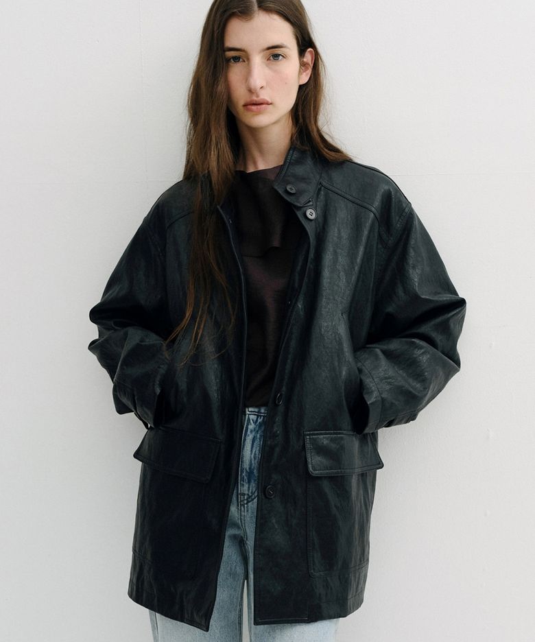 padded vintage leather half coat (black)
