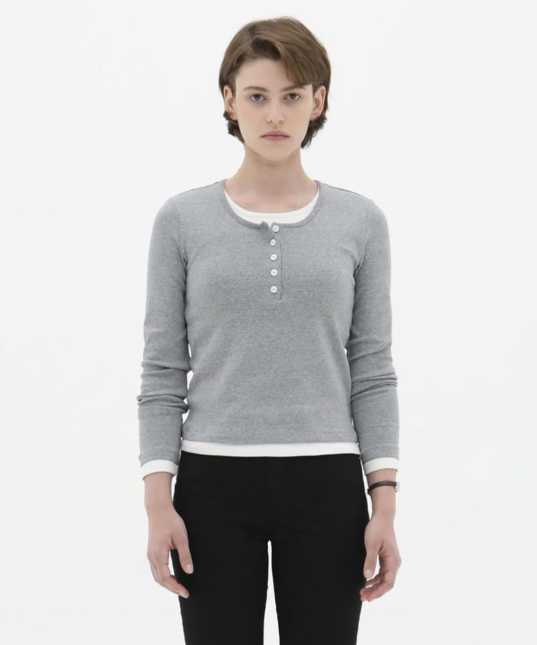 [캡내장] Layered Henley Long Sleeve T-Shirt - Melange Gray