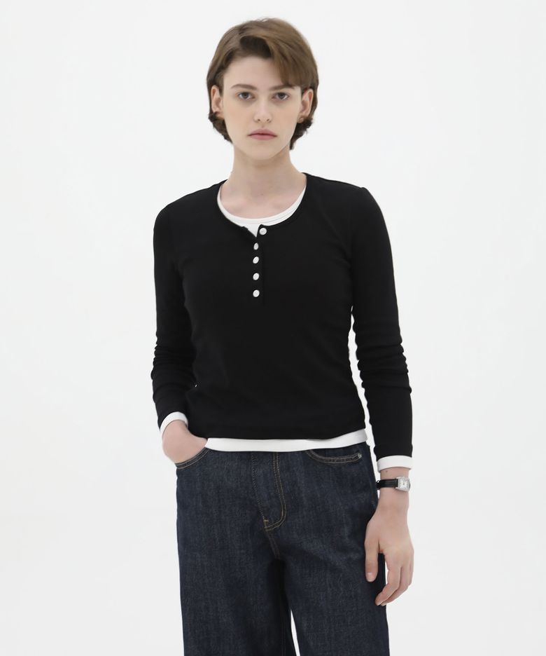[캡내장] Layered Henley Long Sleeve T-Shirt - Black