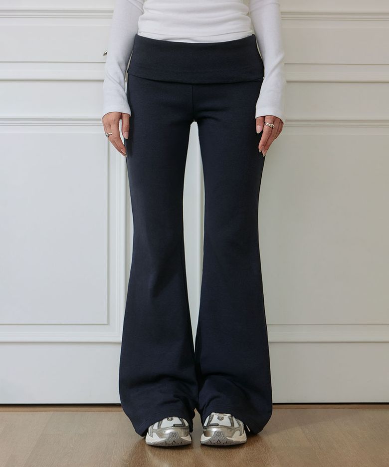 Fold-Over Waistband Flare Pants [Navy]