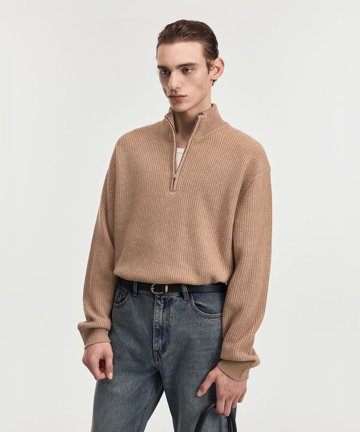 티엔지티(TNGT) Cashmere Blended Half-Zip Knit Top (Beige) TNSW6F109I2