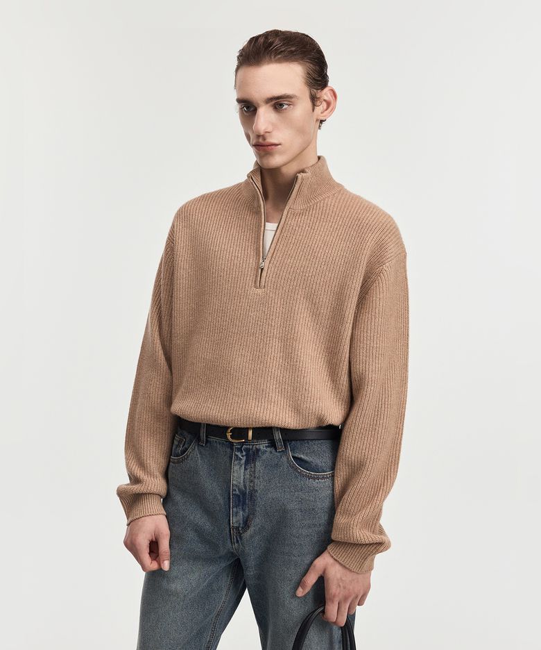 Cashmere Blended Half-Zip Knit Top (Beige) TNSW6F109I2