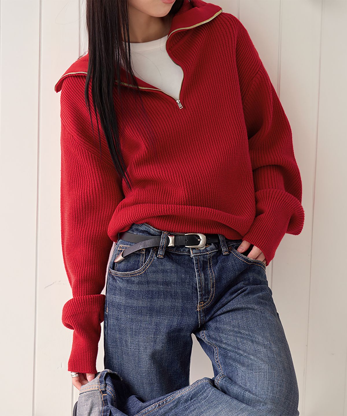 런던다다(LONDONDADA) Essential Washable Half Zip-Up Knit, RED