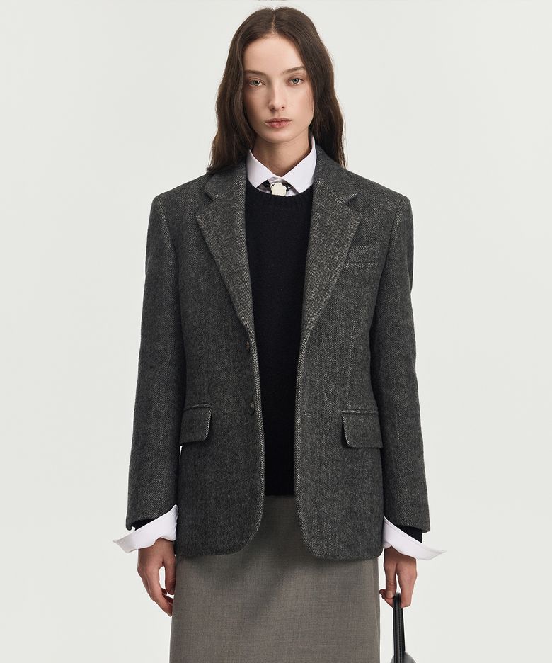 W Hairy Wool Herringbone Jacket (Dark Grey) TNJA6F201G2
