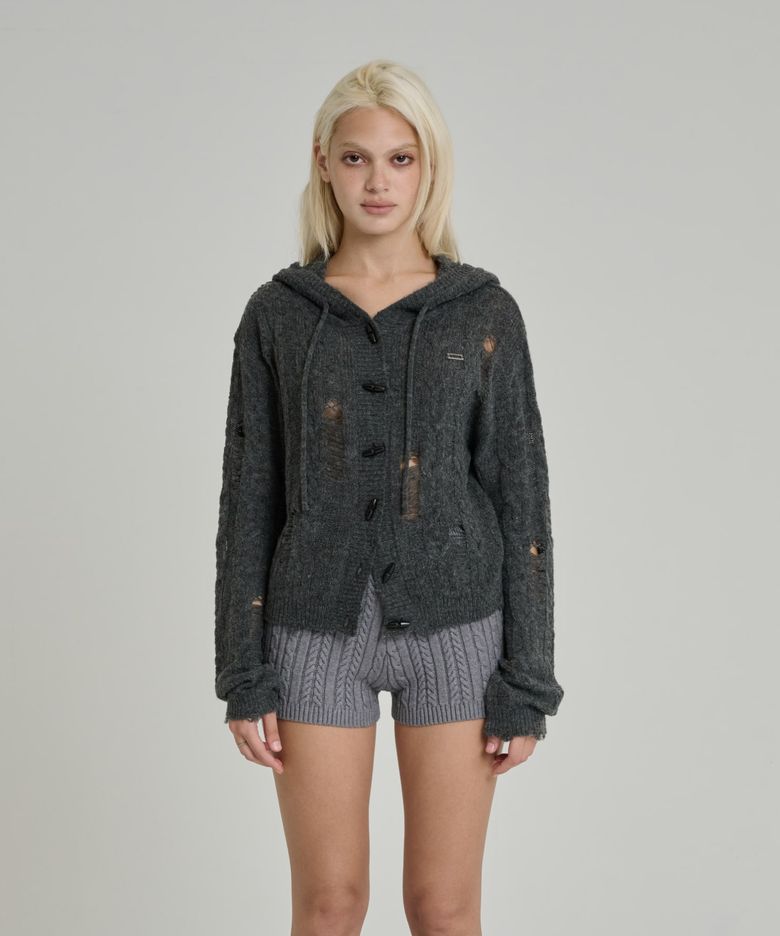 DAMAGED CROPPED CARDIGAN [CHARCOAL]