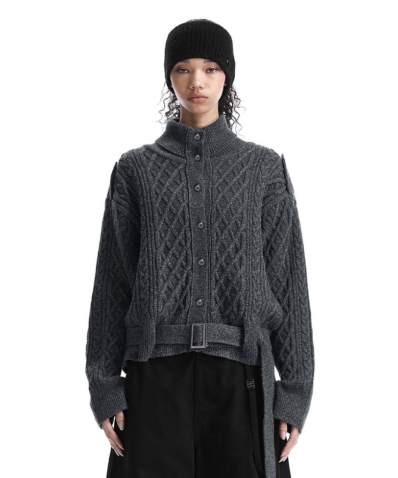 Belted Button Fisherman Knit Jacket [ Charcoal ]