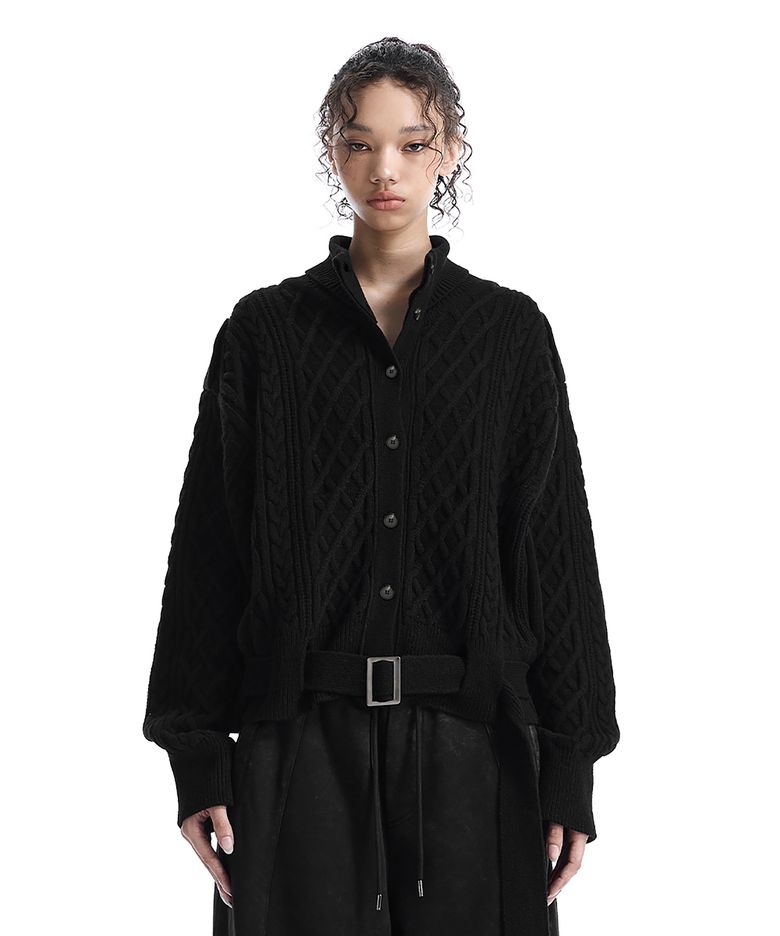 Belted Button Fisherman Knit Jacket [ Black ]