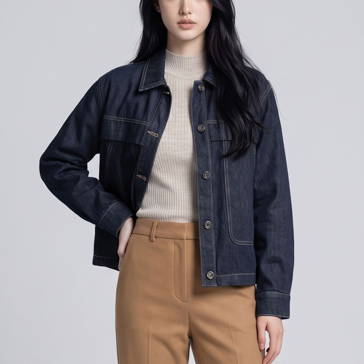 김영주 골프(KIM YOUNG JOO GOLF) 봄가을 빅포켓 스티치 여성 데님 자켓 DQFLJP14
