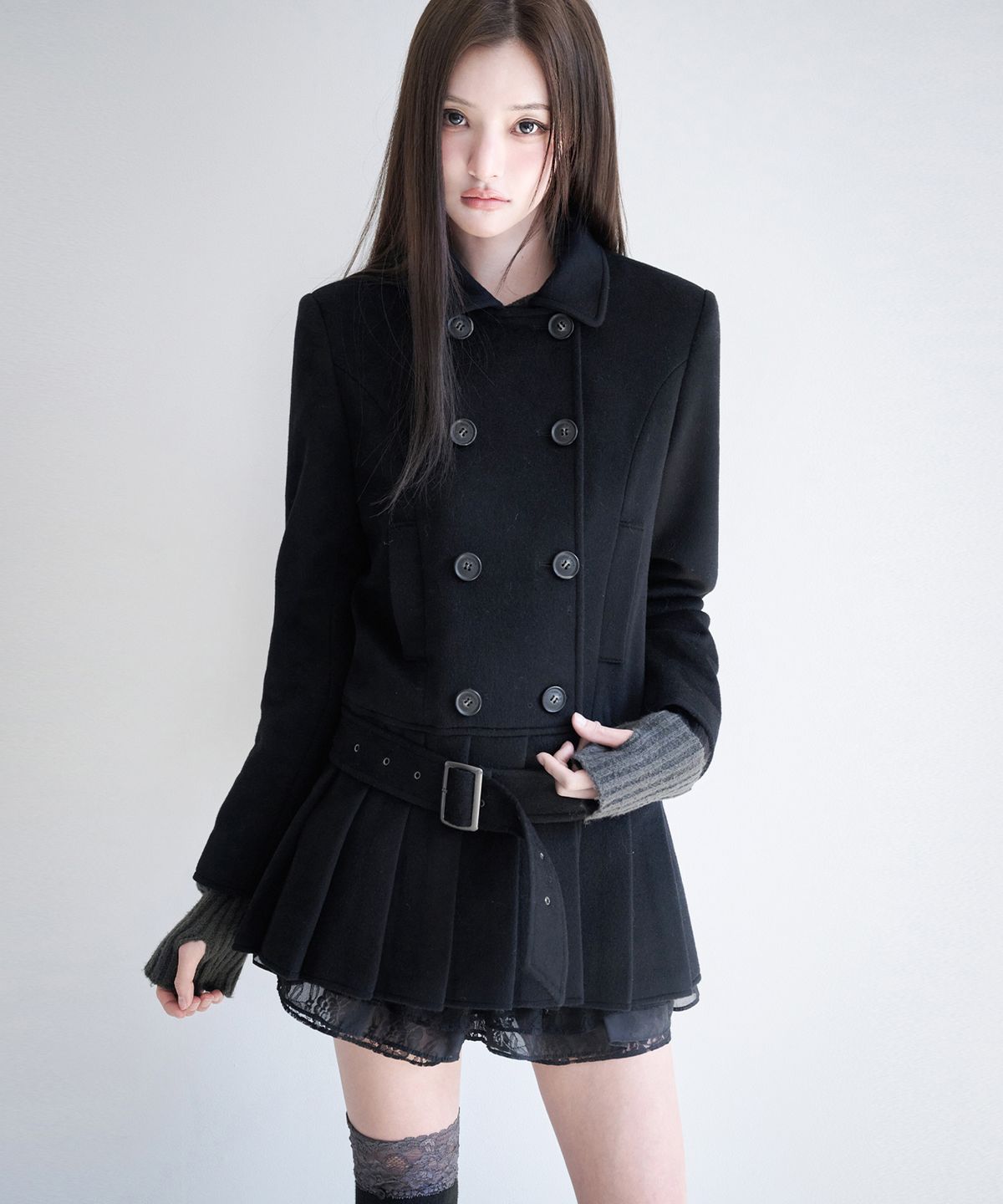 레이즈미야(REISE MIYA) 세라 플리츠 하프코트 [BLACK]