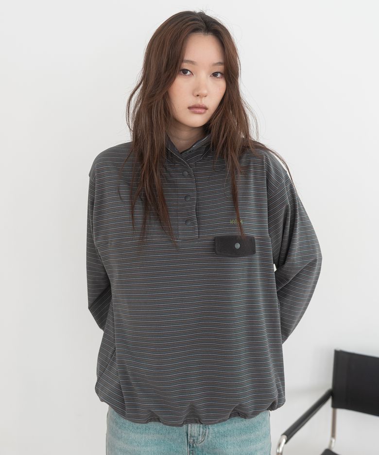 STRIPE FLEECE HALF NECK SWEATSHIRT(CHARCOAL)