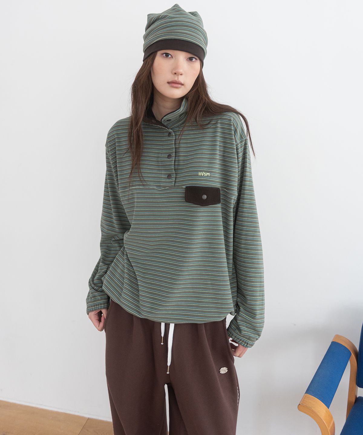 해비즘(HAVISM) STRIPE FLEECE HALF NECK SWEATSHIRT(GREEN)