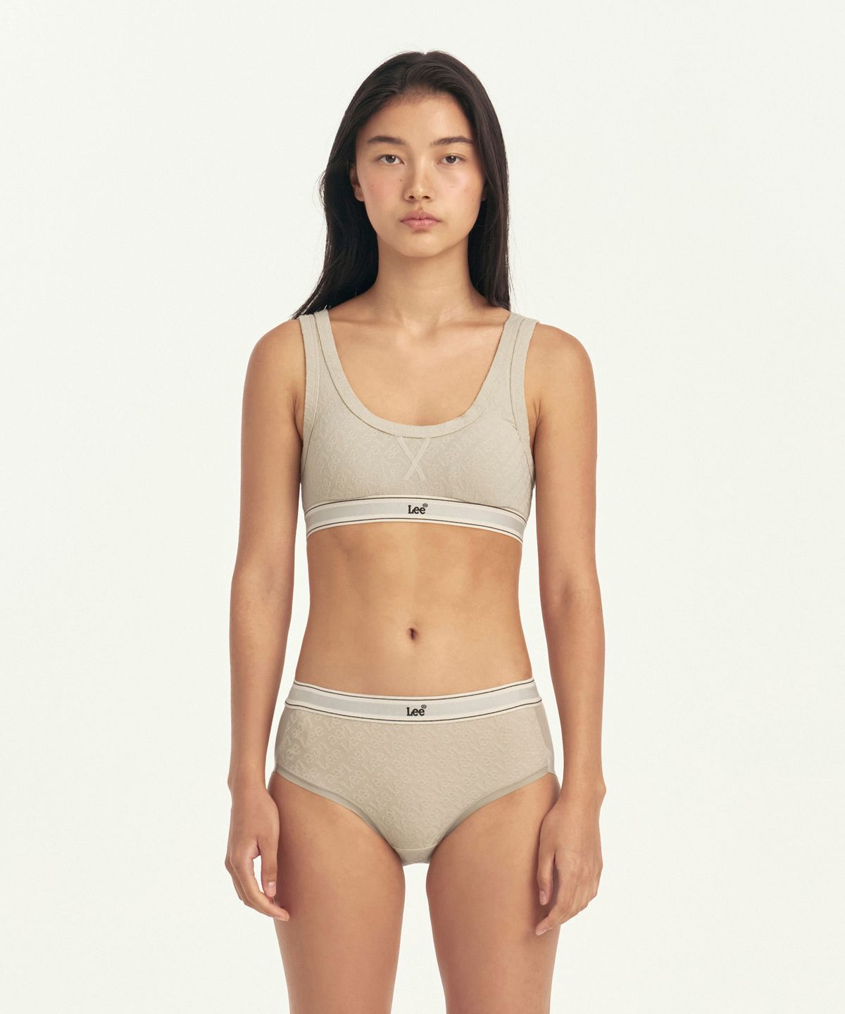 리 바디웨어(LEE BODYWEAR) 시그니처 Lee 쟈카드 브라탑 헴팬티 세트_베이지