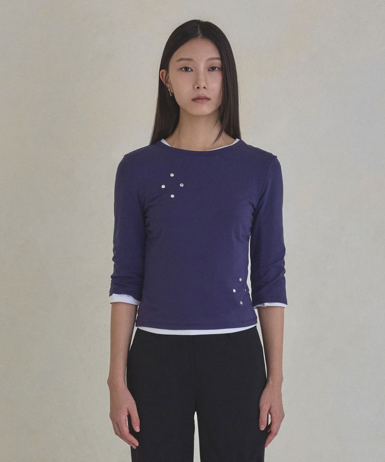 Eyelet Shirring Three-Quarter Sleeve Top (Purple)