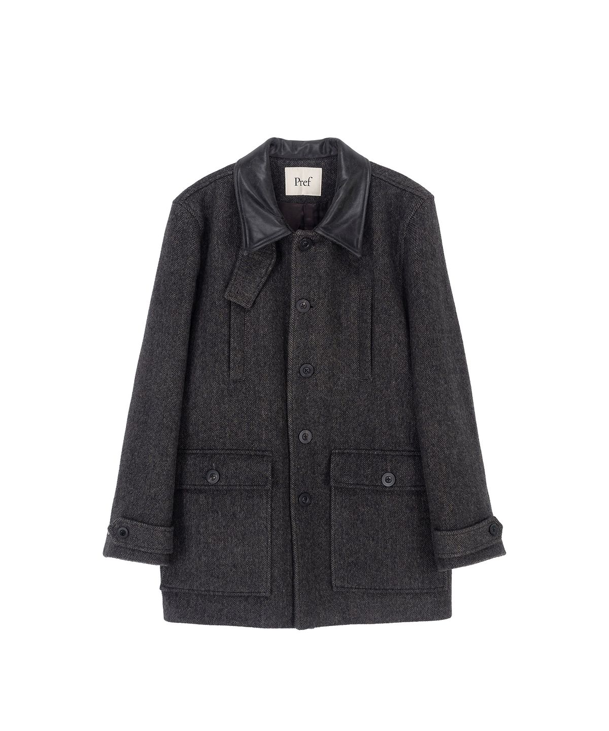 프레프(PREF) LEATHER COLLAR HERRINGBONE BARN COAT