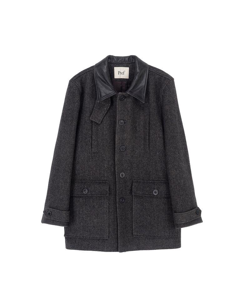 LEATHER COLLAR HERRINGBONE BARN COAT