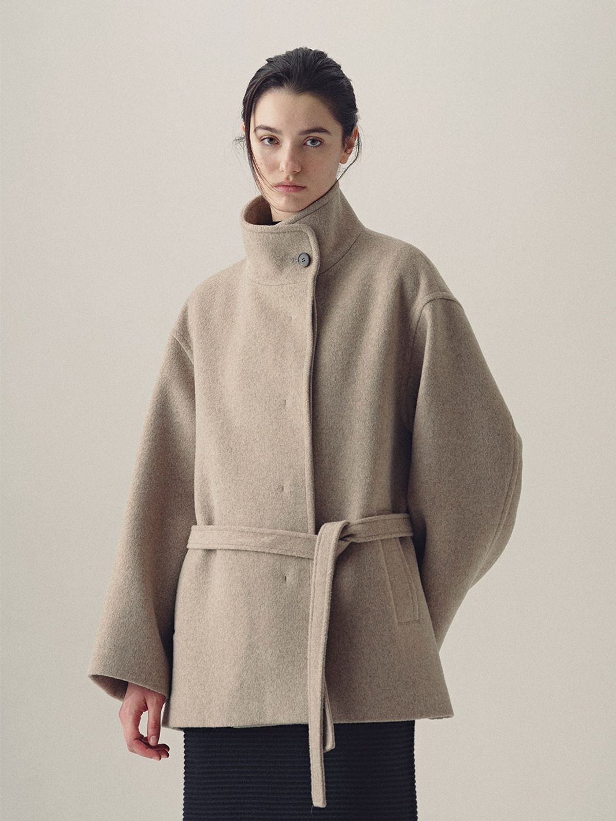 헌치(HUNCH) Band Collar Belted Short Coat