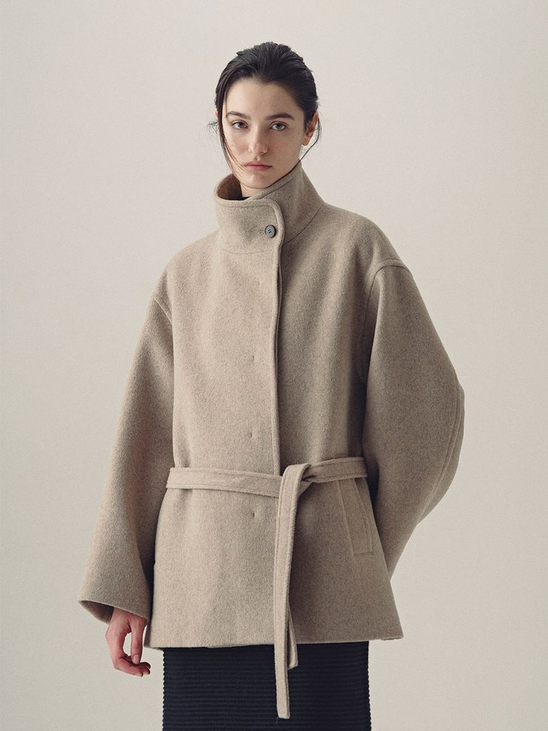 Band Collar Belted Short Coat