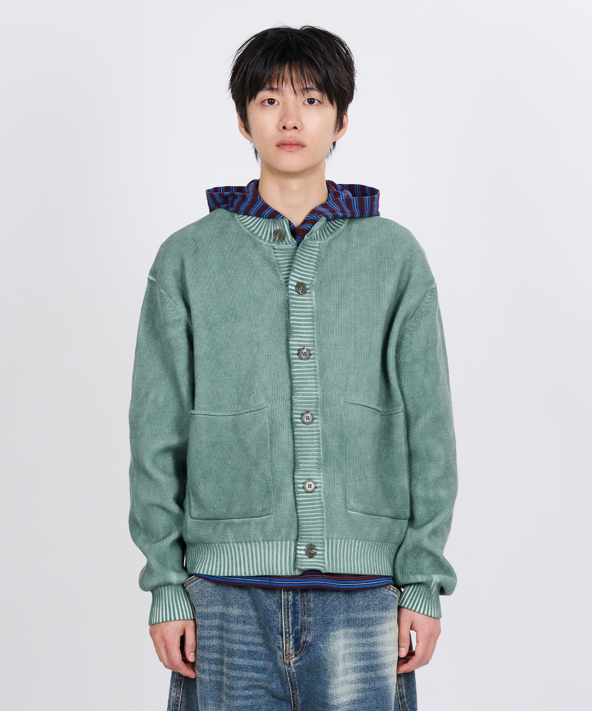 논타입(NONTYPE) VTG WASHED BUTTON CARDIGAN (GREEN)