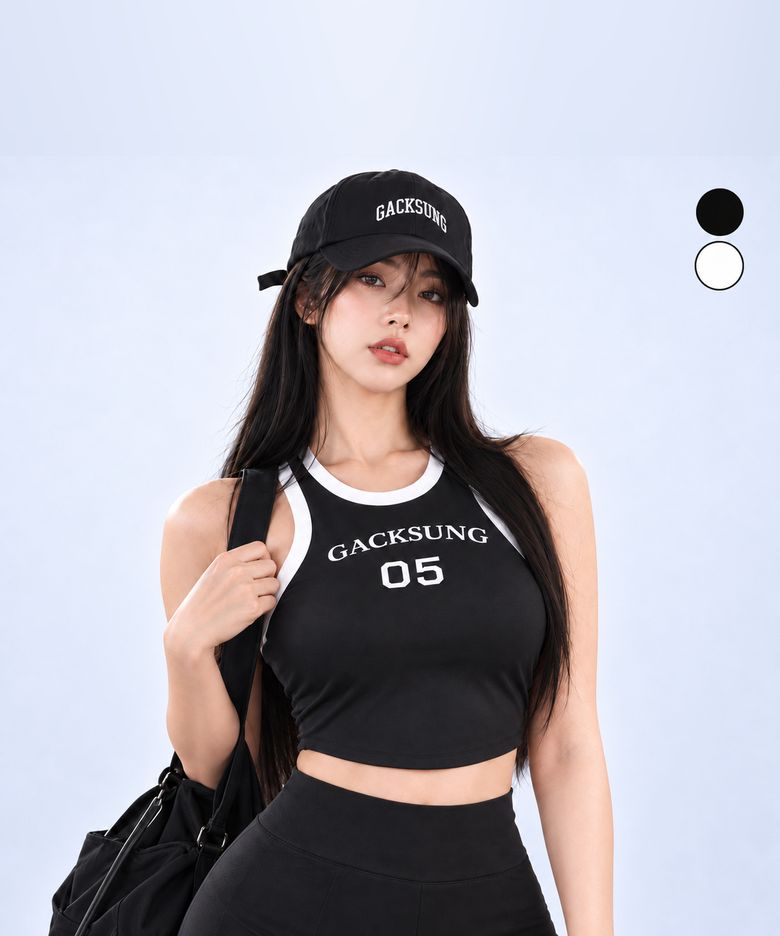 각성 우먼 크롭 슬리브리스 짐웨어 U형 밑단 옆트임