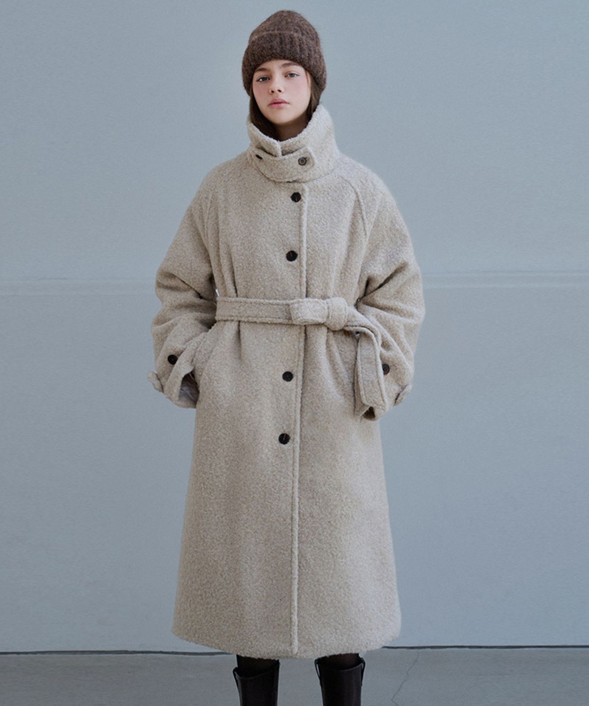 슬로우롤리(SLOWLOLLI) Boucle belted balmacan coat_2 Colors