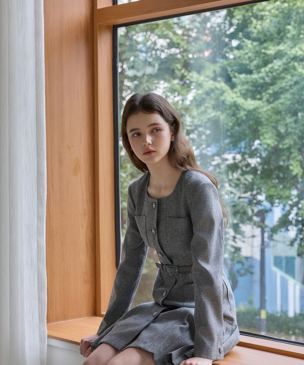쥴리앤칼라(JULIY&CALLA) 26FW 칼라152 도멘 엘라 플리츠 트위드 원피스 헤링본블랙