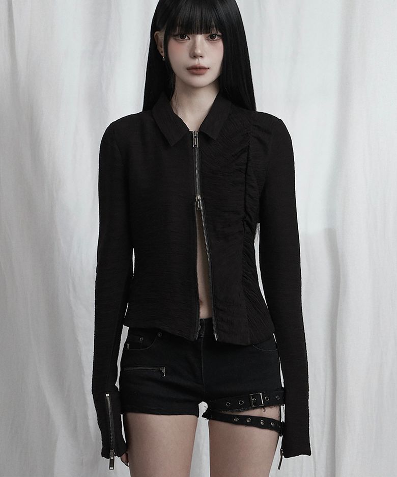 Side Shirring Zip-Up (Black)