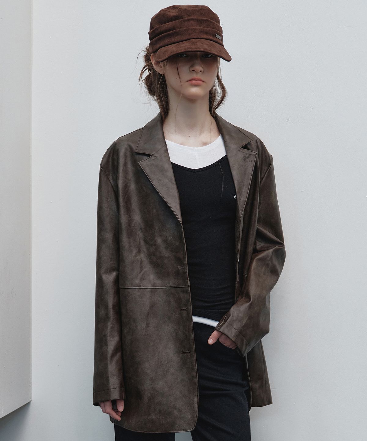 닉앤니콜(NICK&NICOLE) LEATHER HALF COAT_BROWN