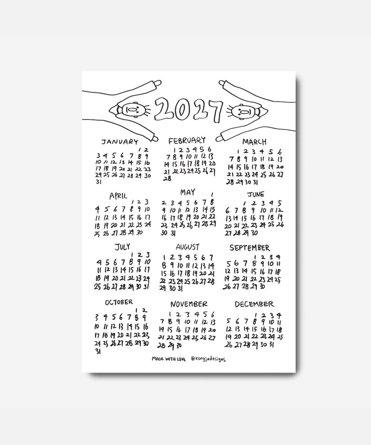 콩주편지(KONGJUDESIGNS) 2027년 손글씨 달력 포스터 A4