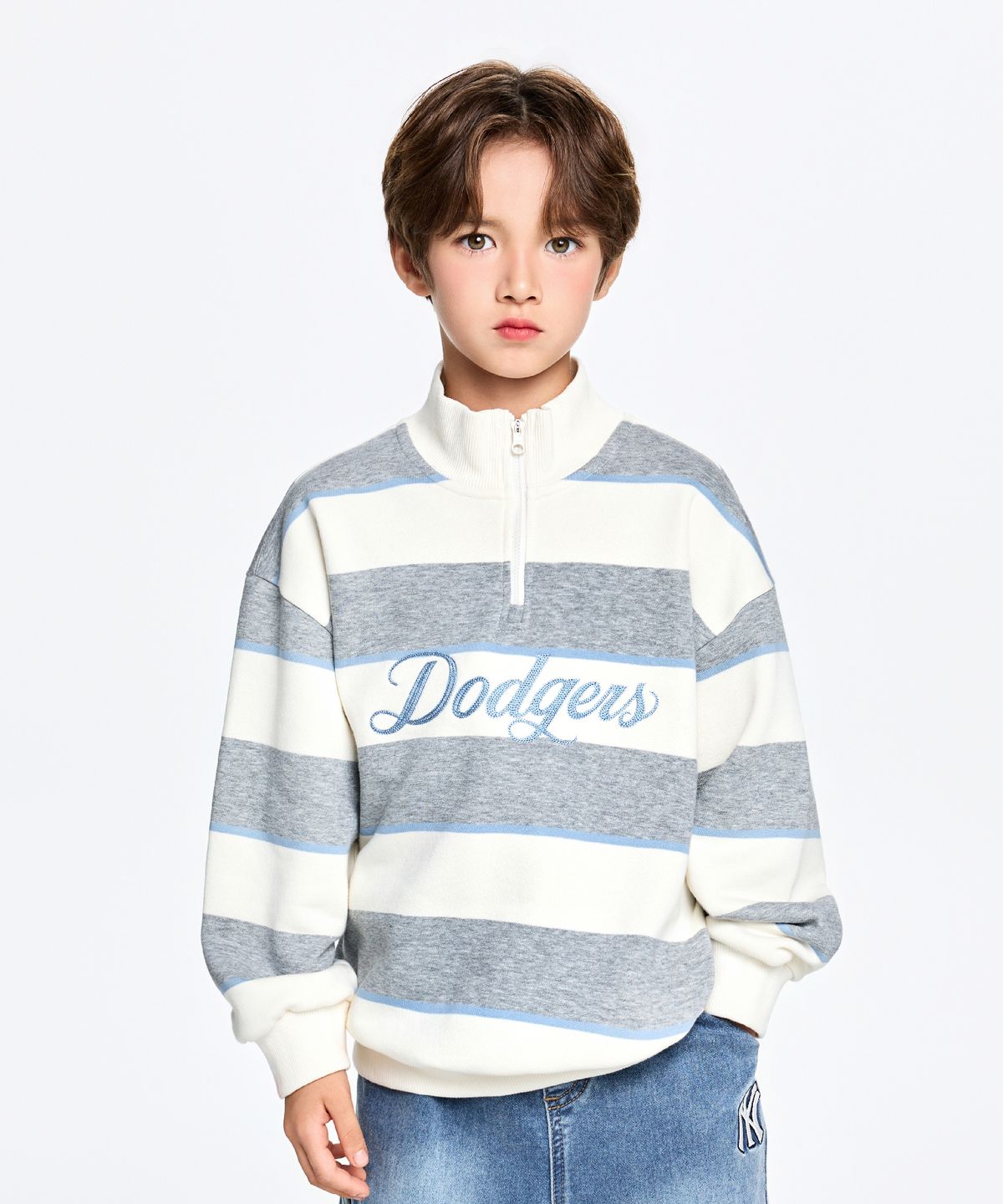 엠엘비 키즈(MLB KIDS) 스트릿 스트라이프 반집업 기모 맨투맨 LA (Melange Grey)