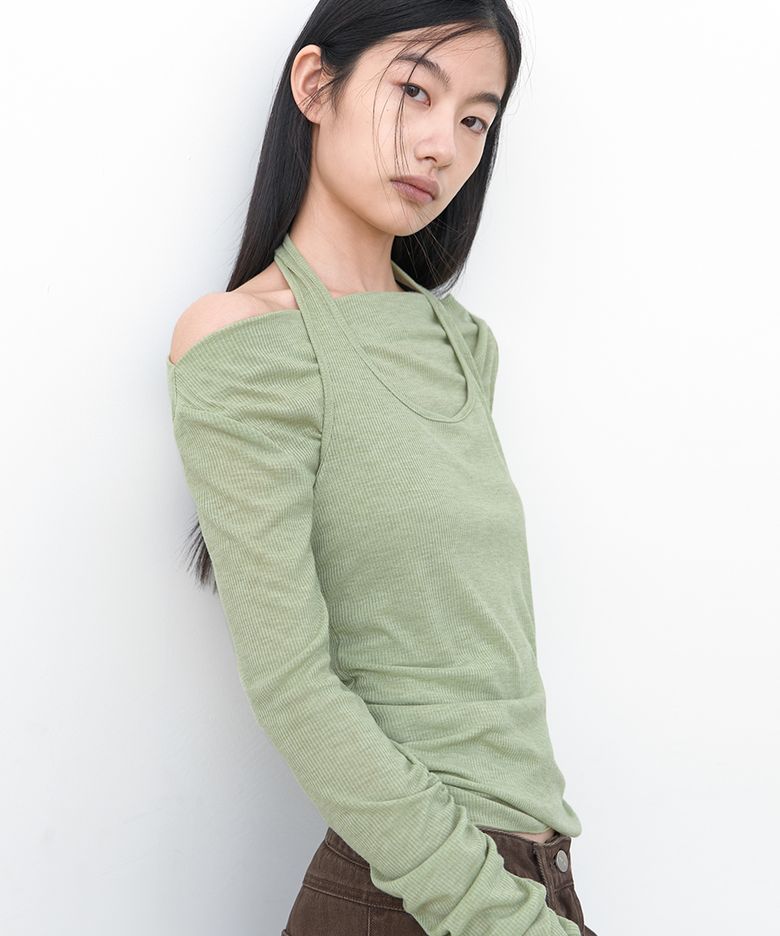 (T-7287)TWO WAY LAYERED BOAT NECK TEE SET