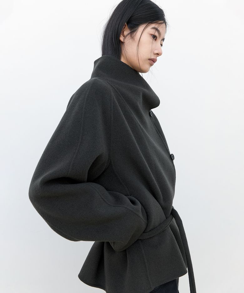 (CT-1489)HIGH NECK BELTED HALF HANDMADE COAT S