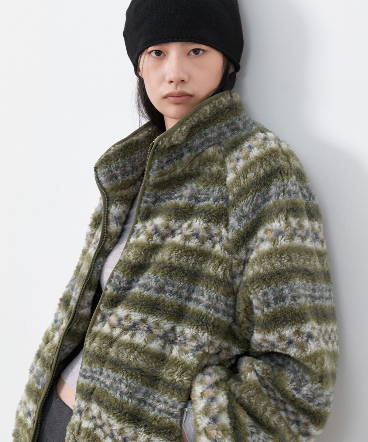 아틀리에 나인(ATELIER NAIN) (JP-631)GREEN MULTI STRIPE FLEECE ZIP-UP