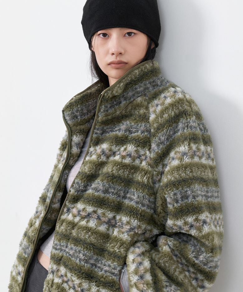 (JP-631)GREEN MULTI STRIPE FLEECE ZIP-UP