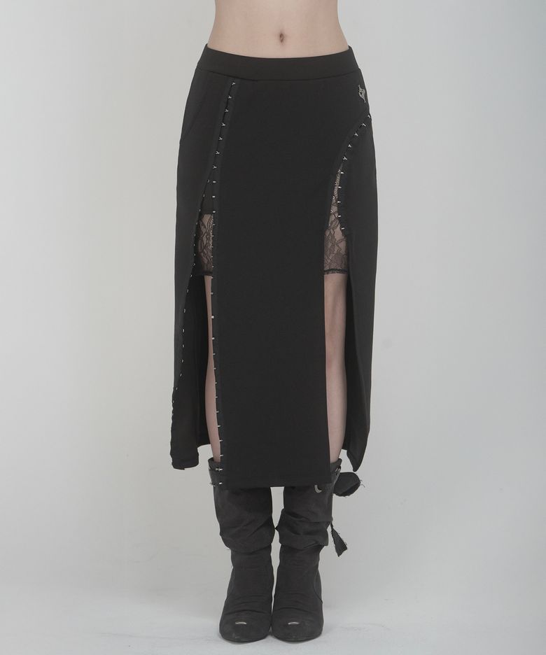 Hook Side Slit Lace-Lined Maxi Skirt