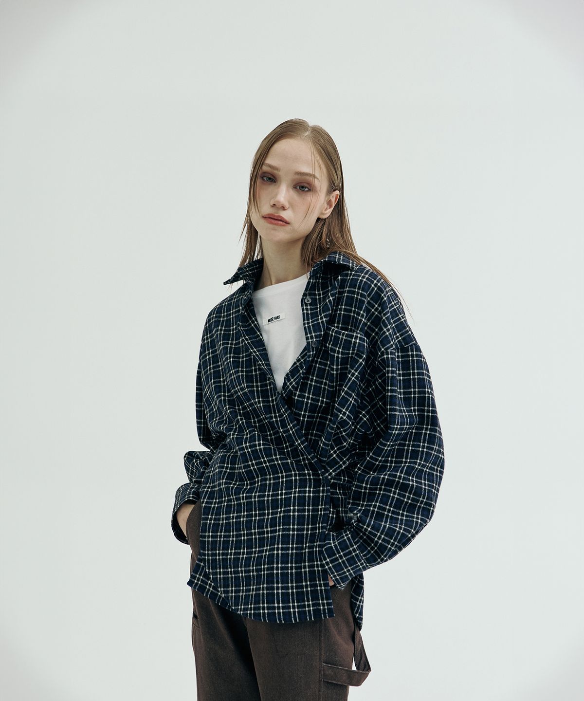 뮤제(MUSEE) Saint-Germain Draped Check Shirt_Navy Check