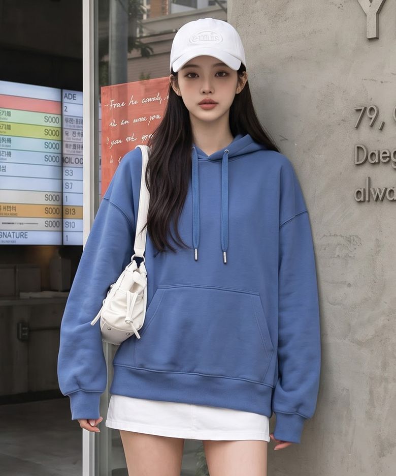 [남녀공용] 플레인 기모 오버핏 후드티_Blue