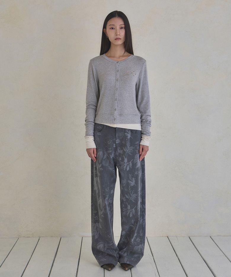 Cinch Back Flower Pigment Cotton Pants (Grey)